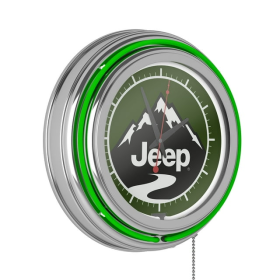 Neon Wall Clock-Jeep Green Mountain Double Rung Analog Clock with Pull Chain-Pub, Garage, or Man Cave Accessories (Green)