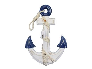 Wooden Rustic Blue/White Anchor w/ Hook Rope and Shells 13""