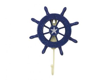 Rustic All Dark Blue Decorative Ship Wheel with Starfish and Hook 8&quot;