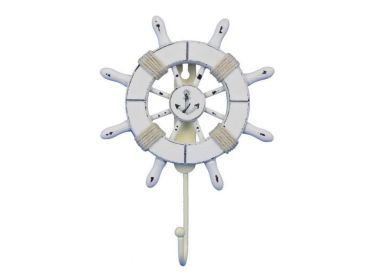 Rustic All White Decorative Ship Wheel with Anchor and Hook 8&quot;