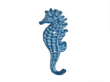 Rustic Light Blue Whitewashed Cast Iron Seahorse Hook 5&quot;