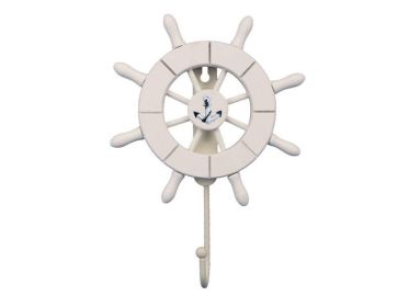 White Decorative Ship Wheel with Anchor and Hook 8&quot;