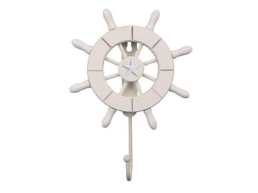 White Decorative Ship Wheel with Starfish and Hook 8&quot;