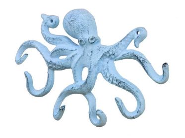 Rustic Dark Blue Whitewashed Cast Iron Octopus Hook 11""