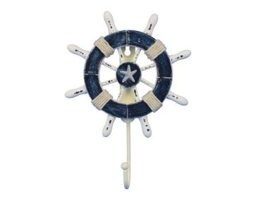 Rustic Dark Blue and White Decorative Ship Wheel With Starfish and Hook 8&quot;