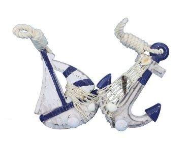 Wooden Rustic Decorative Blue Sailboat/Anchor Wall Accent w/ Hook Set 6""